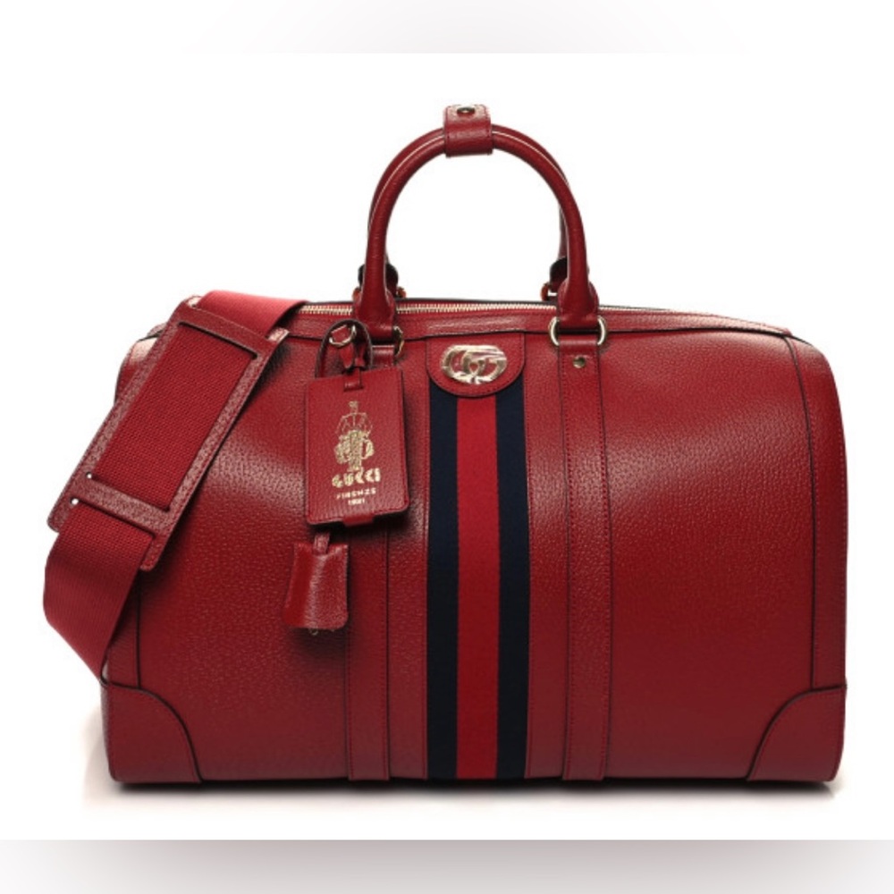 GUCCI Textured Dollar Calfskin Medium Savoy Duffle Bag in Red with Stripe detail